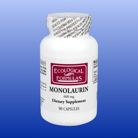 Ecologicaly Formulas Monolaurin capsules in a white bottle against a blue background