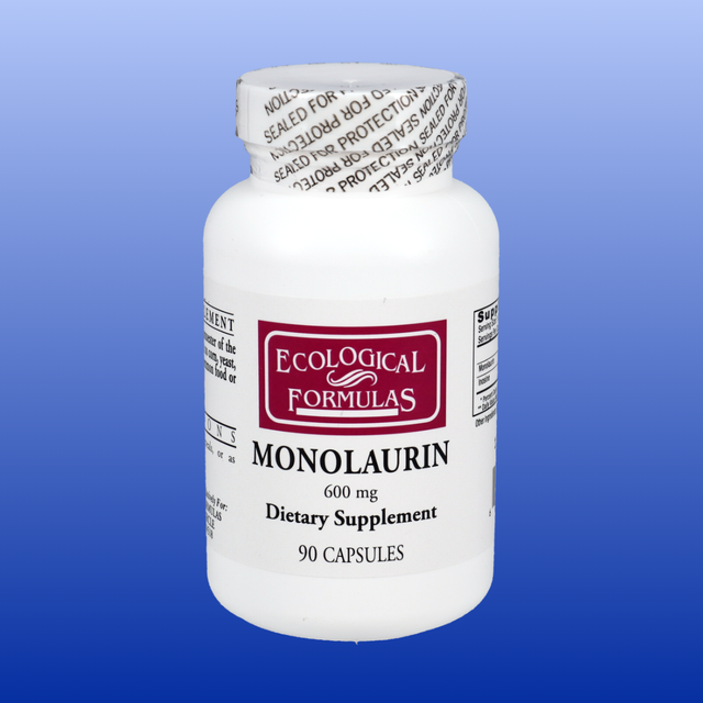 Ecologicaly Formulas Monolaurin capsules in a white bottle against a blue background