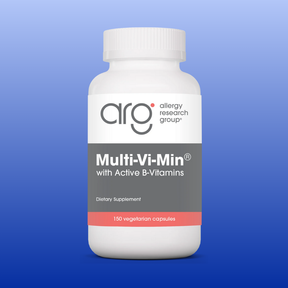 Bottle of Multi-Vi-Min dietary supplement with active B-Vitamins and 150 vegetarian capsules by Allergy Research Group