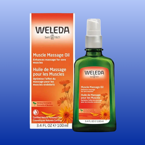 Weleda Arnica muscle massage oil 3.4 oz bottle and box for sore muscle relief and pain stiffness
