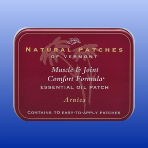 Red Natural Patches tin labeled Arnica Muscle and Joint Comfort Formula with 10 essential oil patches inside