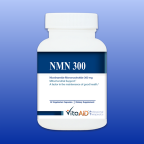 White bottle of NMN 300 supplement with 42 vegetarian capsules for mitochondrial support and cellular health.