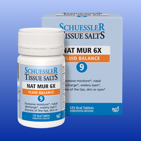 Schuessler Tissue Salts Nat Mur 6X homeopathic medicine for fluid balance with 125 oral tablets packaging.