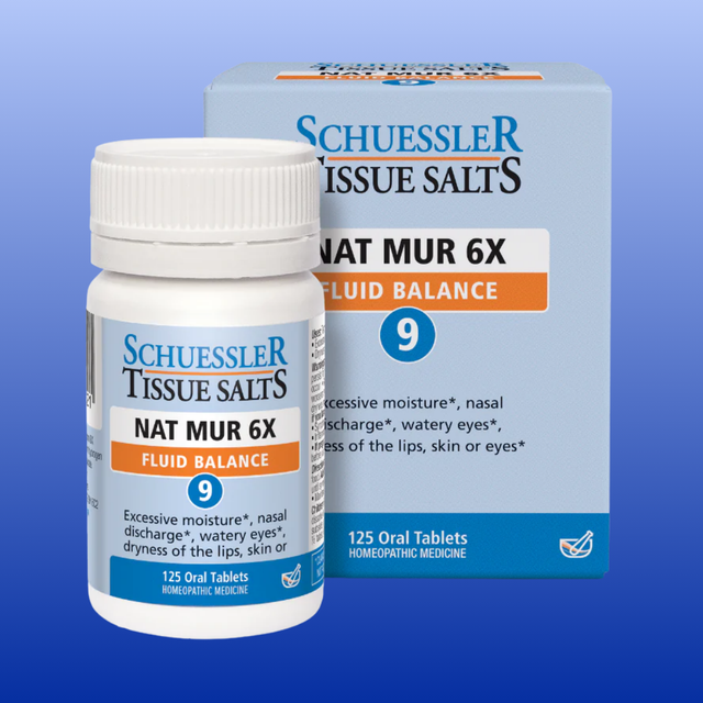 Schuessler Tissue Salts Nat Mur 6X homeopathic medicine for fluid balance with 125 oral tablets packaging.