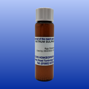 Brown bottle of Nat Sulph 6X lactose-free cell salt granules by Helios Homeopathy against a blue gradient background