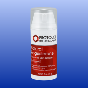 Bottle of Protocol for Life Balance Natural Progesterone Unscented Liposomal Skin Cream with pump dispenser on blue background