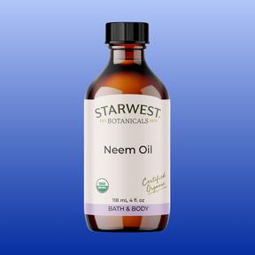 Bottle of Starwest Botanicals Neem Oil Organic 4 oz for bath and body with USDA organic certification label