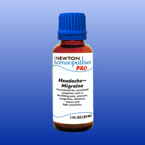 Bottle of Newton Homeopathics Pro Headache-Migraine remedy on a blue background