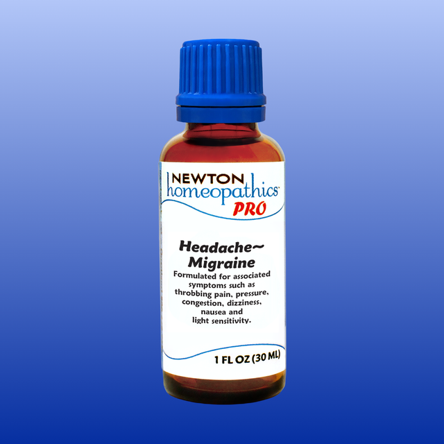 Bottle of Newton Homeopathics Pro Headache-Migraine remedy on a blue background