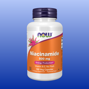 Bottle of Niacinamide 500mg 100 vegetarian capsules by NOW, vitamin B-3 supplement with no flush formula for energy.