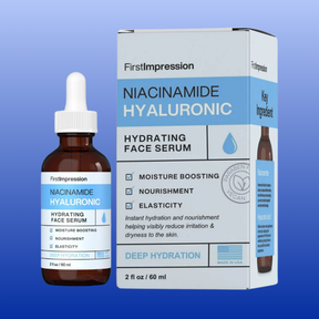 Bottle and box of FirstImpression Niacinamide Hyaluronic Hydrating Face Serum 2 oz for moisture, nourishment, and elasticity