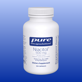 Pure Encapsulations Niacitol 500 mg dietary supplement bottle with 120 vegan capsules and no-flush niacin.
