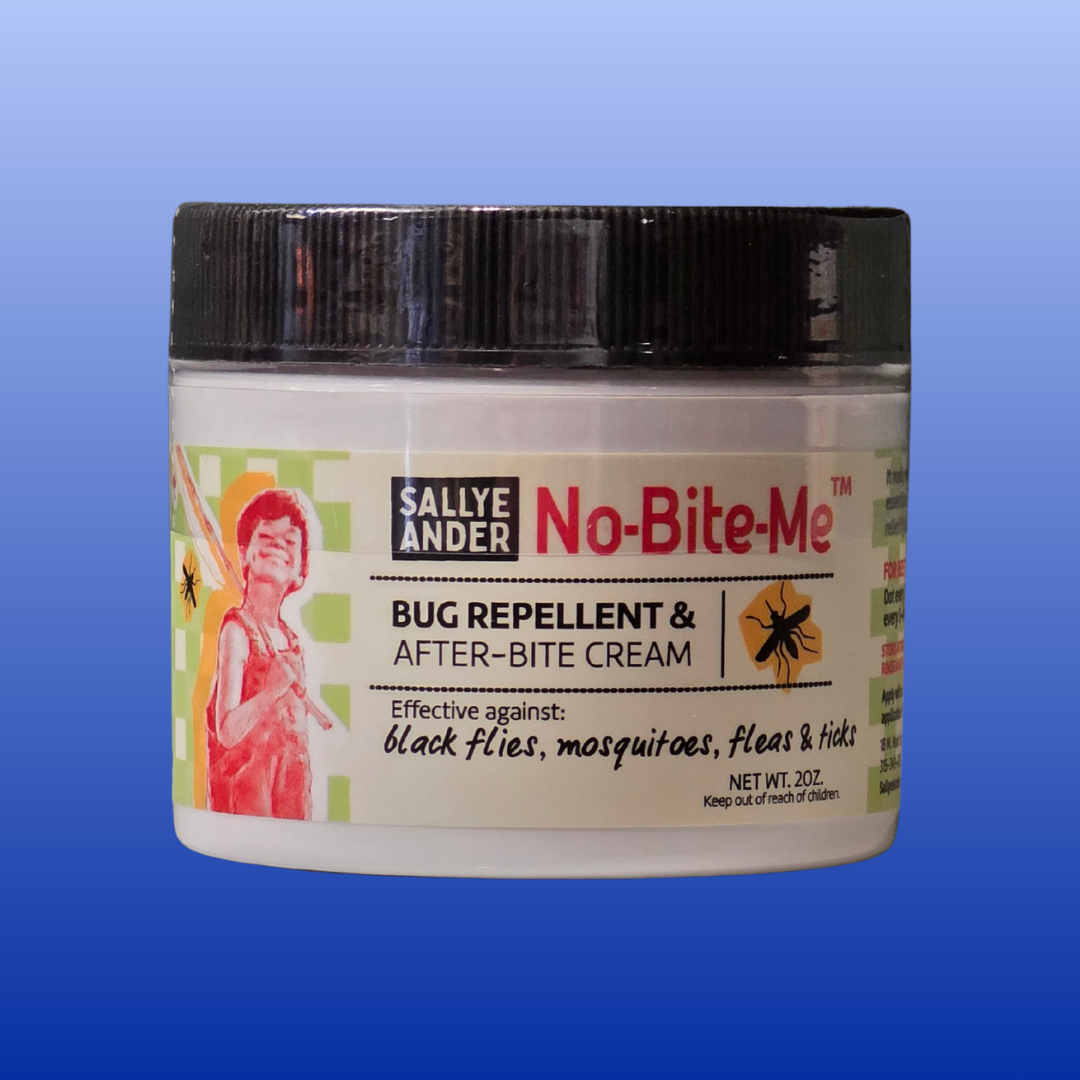 A jar of Sally Ander No-Bite-Me Bug Repellent & After-Bite Cream, featuring a white label with red and black text and illustrations, set against a blue gradient background.