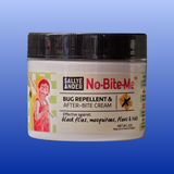 A jar of Sally Ander No-Bite-Me Bug Repellent & After-Bite Cream, featuring a white label with red and black text and illustrations, set against a blue gradient background.