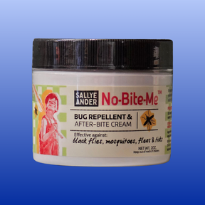 A jar of Sally Ander No-Bite-Me Bug Repellent & After-Bite Cream, featuring a white label with red and black text and illustrations, set against a blue gradient background.