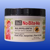 A jar of Sally Ander No-Bite-Me Bug Repellent & After-Bite Cream, featuring a black ribbed lid and a cream-colored label with red and black text, set against a blue gradient background.