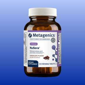 Bottle of Metagenics NuSera chewable tablets with chocolate flavor for stress relief and relaxation support