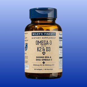 Wiley’s Finest Omega-3 softgels with 500mg EPA DHA, 80mcg Vitamin K2, and 50mcg Vitamin D3, 60 count bottle
