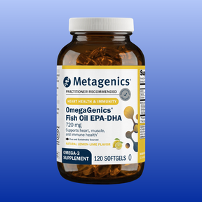 Bottle of Metagenics OmegaGenics Fish Oil EPA-DHA 720 mg, natural lemon-lime flavor, 120 softgels for heart and immunity support