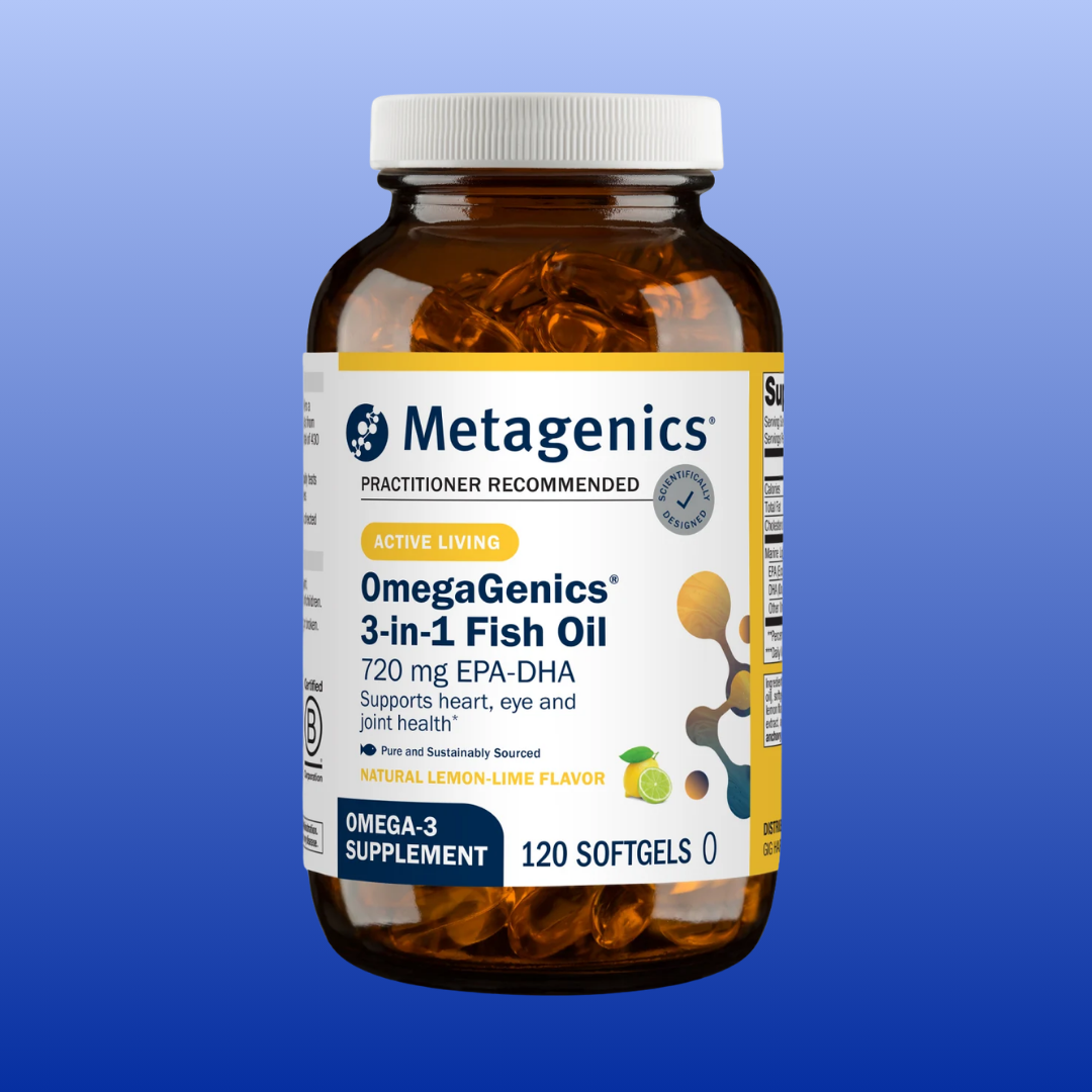 Metagenics OmegaGenics 3-in-1 Fish Oil supplement bottle on a blue background