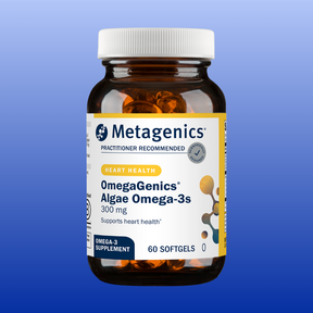 Metagenics OmegaGenics Algae Omega-3 supplement bottle with 60 softgels for heart health and omega 3 support