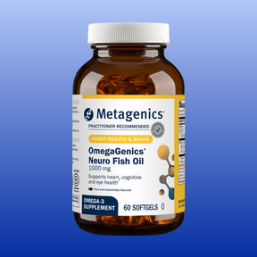 Bottle of Metagenics OmegaGenics Neuro Fish Oil 1000 mg with 60 softgels supporting heart and brain health