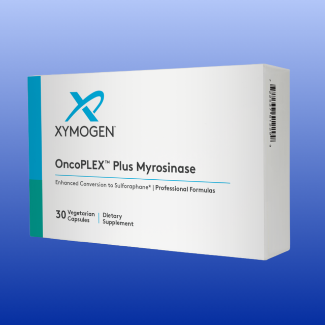 XYMOGEN OncoPLEX Plus Myrosinase dietary supplement box on a blue background