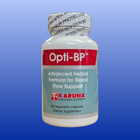 Opti-BP dietary supplement bottle with 60 vegetable capsules for advanced herbal blood flow support and heart health.