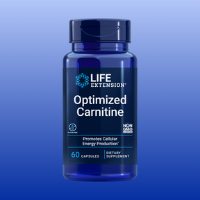 Life Extension Optimized Carnitine dietary supplement bottle with 60 vegetarian capsules for energy and heart health