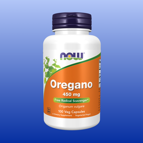 NOW Oregano Leaf 450 mg dietary supplement bottle with 100 vegetarian capsules and antimicrobial properties
