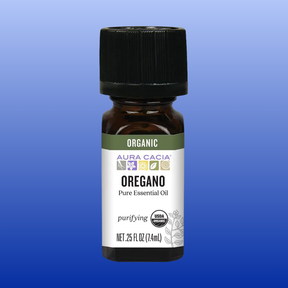 Bottle of Aura Cacia organic oregano pure essential oil 0.25 oz for aromatherapy and skin cleansing uses
