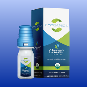 Eyeganics Organic Tears eye drops with USDA organic seal for dry eye relief in a 10 mL preservative-free bottle and box