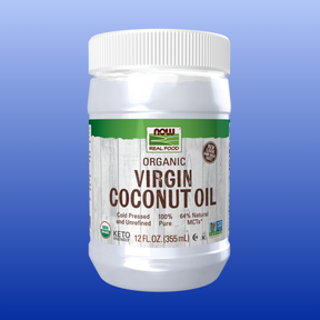 12 oz jar of NOW Real Food Organic Virgin Coconut Oil, cold pressed, unrefined, 100% pure, keto friendly carrier oil for skin and eczema.