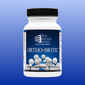 Bottle of Ortho Biotic probiotic dietary supplement with 60 capsules supporting digestion and immune health.