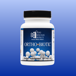 Ortho Biotic probiotic capsules bottle by Ortho Molecular Products for digestion and immune support, 30 capsules size.