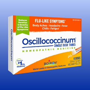 Box of Boiron Oscillococcinum homeopathic medicine for flu-like symptoms, 6 single-dose meltaway pellets tubes