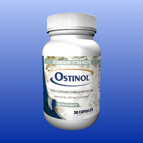 Ostinol 150mg standard strength bone and cartilage support supplement bottle with 30 capsules on blue background