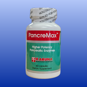 PancreMax 60 vegetable capsules bottle with high potency pancreatic enzymes dietary supplement label visible