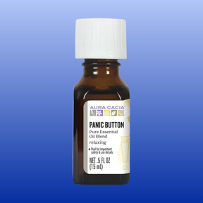 Aura Cacia Panic Button 0.5 oz essential oil blend bottle with relaxing aroma and aromatherapy benefits