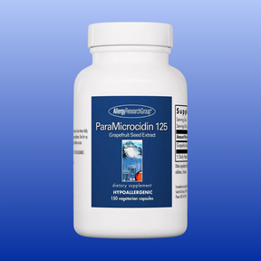 White bottle of ParaMicrocidin 125 grapefruit seed extract dietary supplement with 150 vegetarian capsules label