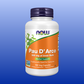 Bottle of Pau D’Arco 500 mg herbal supplement with 100 vegetarian capsules for traditional inner bark support