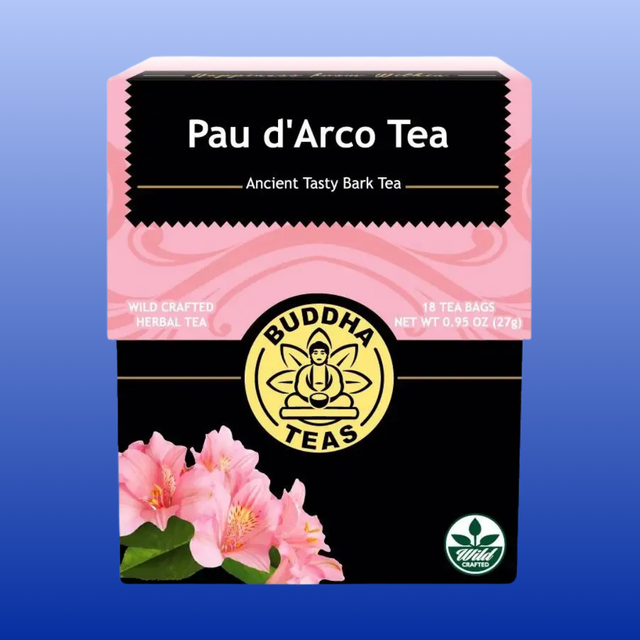 Box of Buddha Teas Pau d'Arco Tea on a blue background