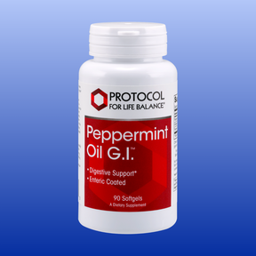 Bottle of Protocol Peppermint Oil G.I. 90 softgels for digestive support with enteric-coated peppermint oil capsules