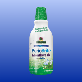 PerioBrite Natural Mouthwash Coolmint 16 oz bottle with xylitol for tooth and gum wellness, alcohol-free formula