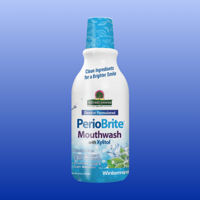 PerioBrite Wintermint mouthwash bottle with natural ingredients, alcohol-free, fights germs and freshens breath