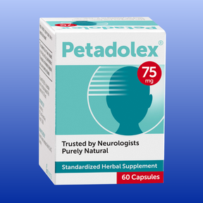 Petadolex 75mg herbal supplement box with 60 capsules for headache and migraine relief, trusted by neurologists