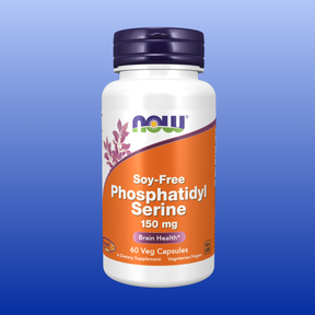 Bottle of NOW Soy-Free Phosphatidyl Serine 150 mg with 60 vegetable capsules for brain health and cognition support.