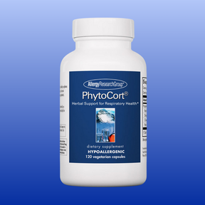 Bottle of PhytoCort 120 vegetarian capsules herbal supplement for respiratory health by Allergy Research Group