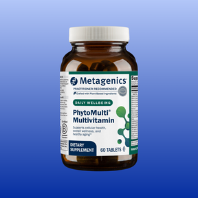 Metagenics PhytoMulti Multivitamin 60 tablets dietary supplement bottle for cellular health and wellness.