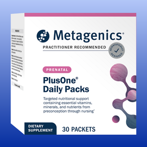 Metagenics PlusOne Daily Prenatal Packs box with 30 packets, supporting vitamins and minerals for pregnancy and nursing